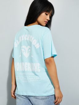 max - Women Blue Pure Cotton Typography Regular T-Shirt