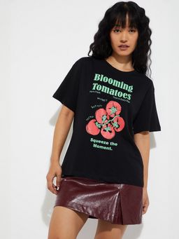 max - Women Black Pure Cotton Typography Regular T-Shirt