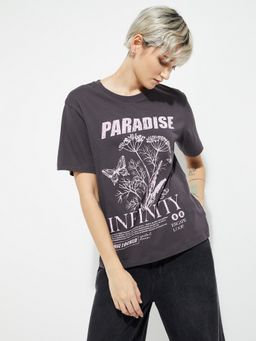 max - Women Grey Pure Cotton Typography Regular T-Shirt