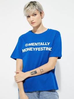 max - Women Blue Pure Cotton Typography Regular T-Shirt