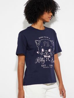 max - Women Navy Blue Pure Cotton Graphic Regular T-Shirt