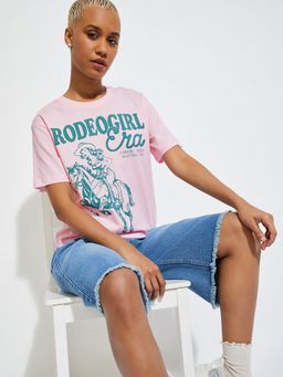 max - Women Pink Pure Cotton Typography Regular T-Shirt