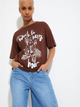 max - Women Brown Pure Cotton Graphic Regular T-Shirt