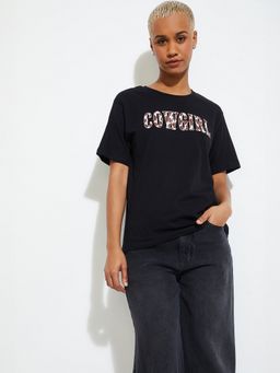 max - Women Black Pure Cotton Typography Regular T-Shirt