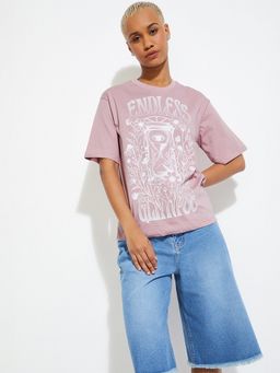 max - Women Lavender Pure Cotton Graphic Regular T-Shirt