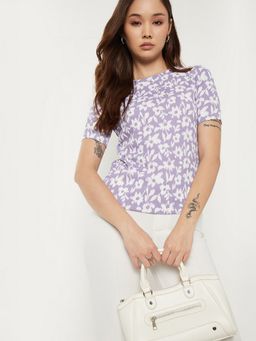 max - Women Lavender Polyester Blend Textured Regular T-Shirt