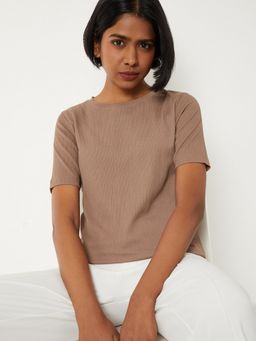 max - Women Brown Polyester Blend Textured Regular T-Shirt
