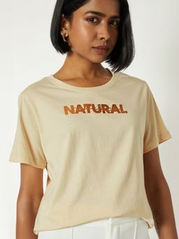 max - Women Beige Pure Cotton Typography Regular T-Shirt