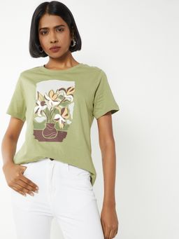 max - Women Green Pure Cotton Printed Regular T-Shirt