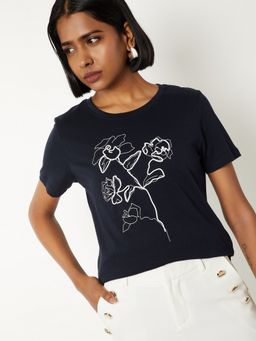 max - Women Navy Blue Pure Cotton Printed Regular T-Shirt