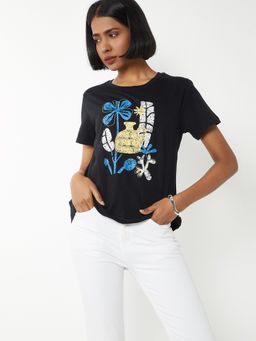 max - Women Black Pure Cotton Graphic Regular T-Shirt