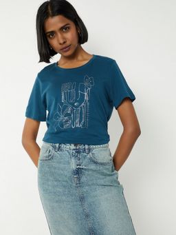 max - Women Teal Pure Cotton Embroidered Regular T-Shirt