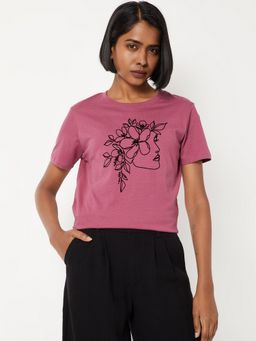max - Women Pink Pure Cotton Graphic Regular T-Shirt