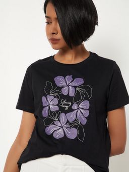 max - Women Black Pure Cotton Graphic Regular T-Shirt