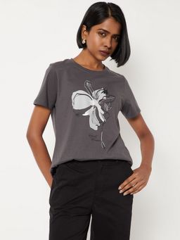 max - Women Grey Pure Cotton Graphic Regular T-Shirt