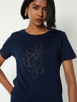max - Women Navy Blue Pure Cotton Embroidered Regular T-Shirt