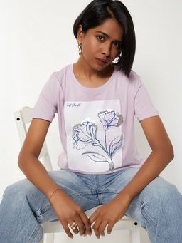 max - Women Lavender Pure Cotton Graphic Regular T-Shirt
