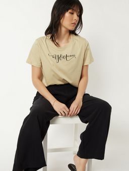 max - Women Beige Pure Cotton Graphic Regular T-Shirt