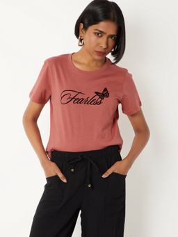max - Women Pink Pure Cotton Typography Regular T-Shirt