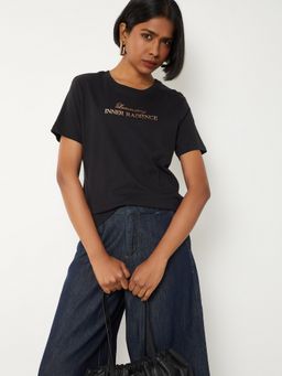 max - Women Black Pure Cotton Typography Regular T-Shirt