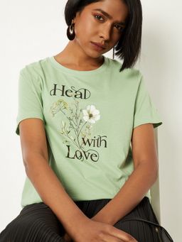 max - Women Green Pure Cotton Typography Regular T-Shirt
