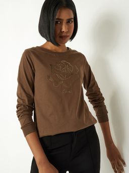 max - Women Brown Pure Cotton Embroidered Regular T-Shirt