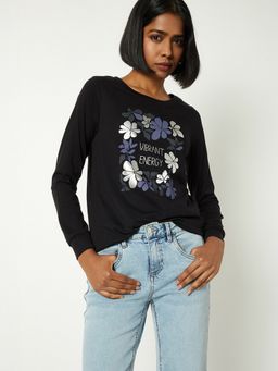 max - Women Black Pure Cotton Printed Regular T-Shirt