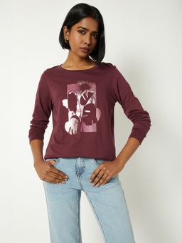 max - Women Maroon Pure Cotton Graphic Regular T-Shirt