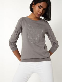 max - Women Grey Pure Cotton Embroidered Regular T-Shirt
