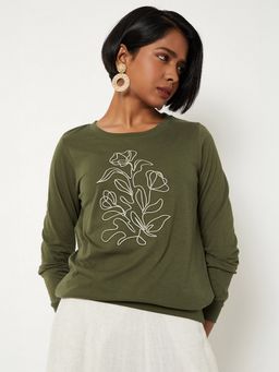 max - Women Green Pure Cotton Embroidered Regular T-Shirt
