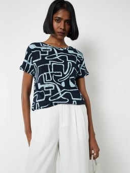 max - Women Navy Blue Pure Cotton Abstract Regular T-Shirt