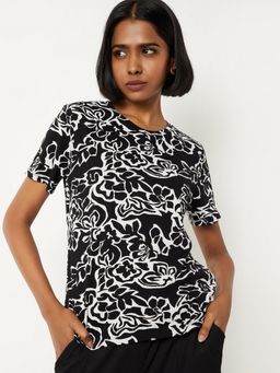 max - Women Black Pure Cotton Floral Regular T-Shirt