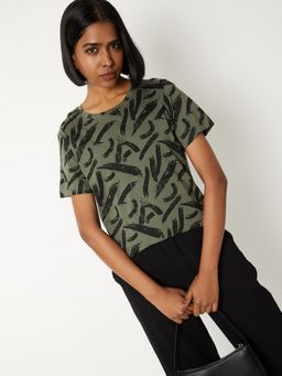max - Women Green Pure Cotton Printed Regular T-Shirt