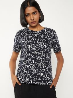 max - Women Navy Blue Pure Cotton Floral Regular T-Shirt