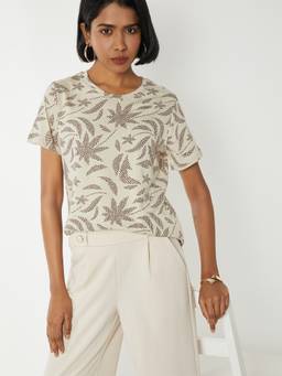 max - Women Beige Pure Cotton Floral Regular T-Shirt