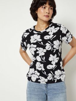 max - Women Black Pure Cotton Floral Regular T-Shirt