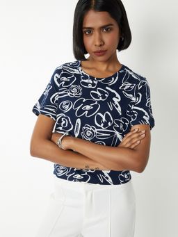 max - Women Navy Blue Pure Cotton Abstract Regular T-Shirt