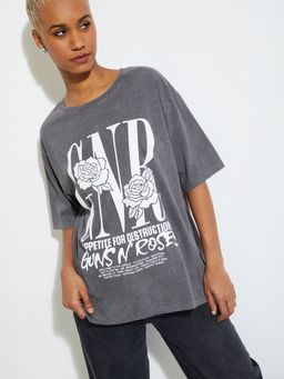 max - Women Grey Pure Cotton Graphic Regular T-Shirt