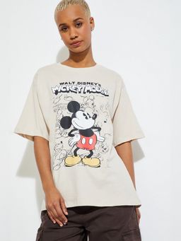 max - Women Beige Pure Cotton Graphic Regular T-Shirt