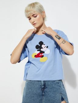 max - Women Blue Pure Cotton Embroidered Regular T-Shirt