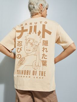 max - Women Beige Pure Cotton Graphic Regular T-Shirt