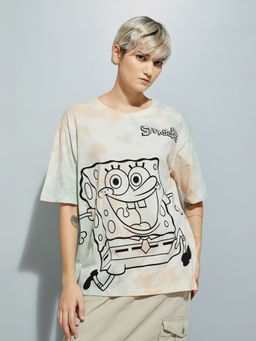max - Women Beige Pure Cotton Graphic Regular T-Shirt