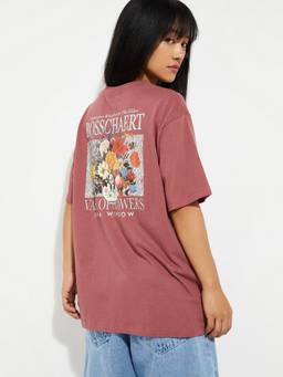 max - Women Pink Pure Cotton Graphic Regular T-Shirt