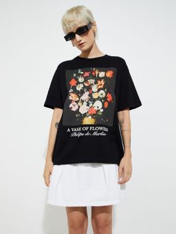 max - Women Black Pure Cotton Graphic Regular T-Shirt