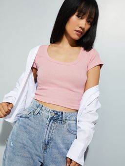 max - Women Pink Cotton Blend Textured Regular T-Shirt