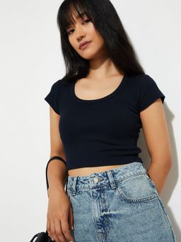 max - Women Navy Blue Cotton Blend Textured Regular T-Shirt
