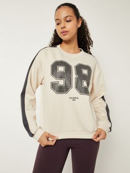 max - Women Beige Polyester Blend Typography Regular Sweatshirt