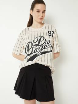 max - Women Beige Polyester Stripes Regular T-Shirt