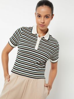 max - Women Multi-Color Cotton Blend Stripes Regular Polo T-Shirt