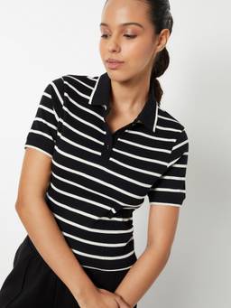 max - Women Black Cotton Blend Stripes Regular Polo T-Shirt